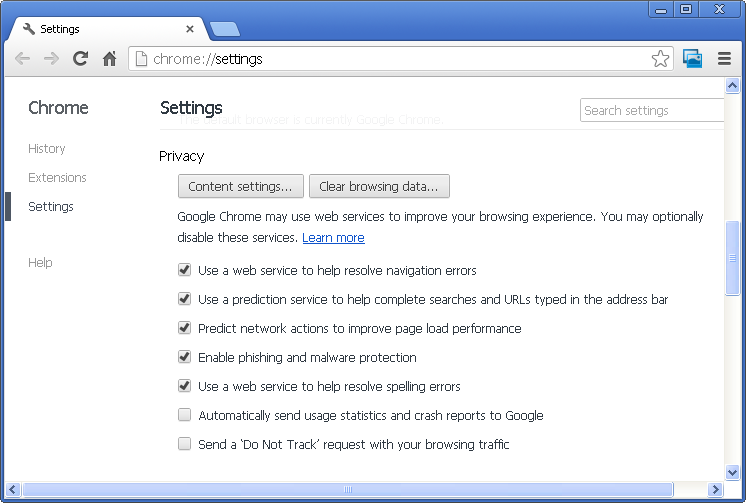sezione Privacy Chrome